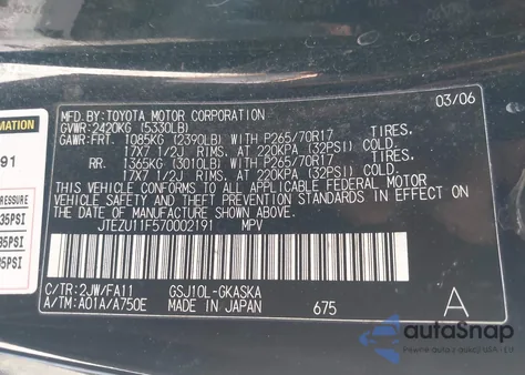 2007 Toyota Fj Cruiser z USA, uszkodzony, nr VIN JTEZU11F570002191